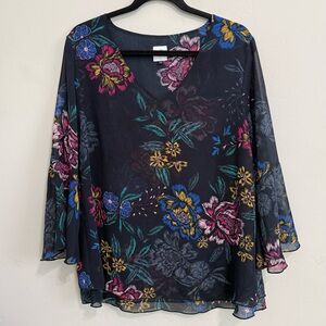 CAbi #3506 Floral V-Neck Sheer Blouse with Multicolor Print. Size L